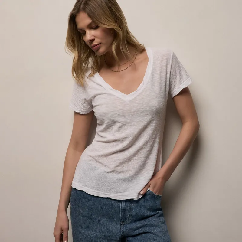 Sheer Slub V Neck White