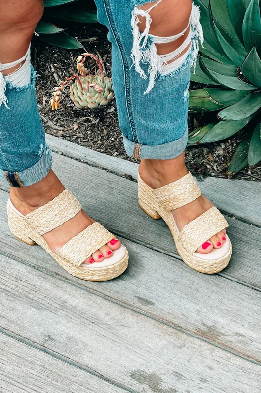 Beach Braided Rafia Espadrille Wedges Natural