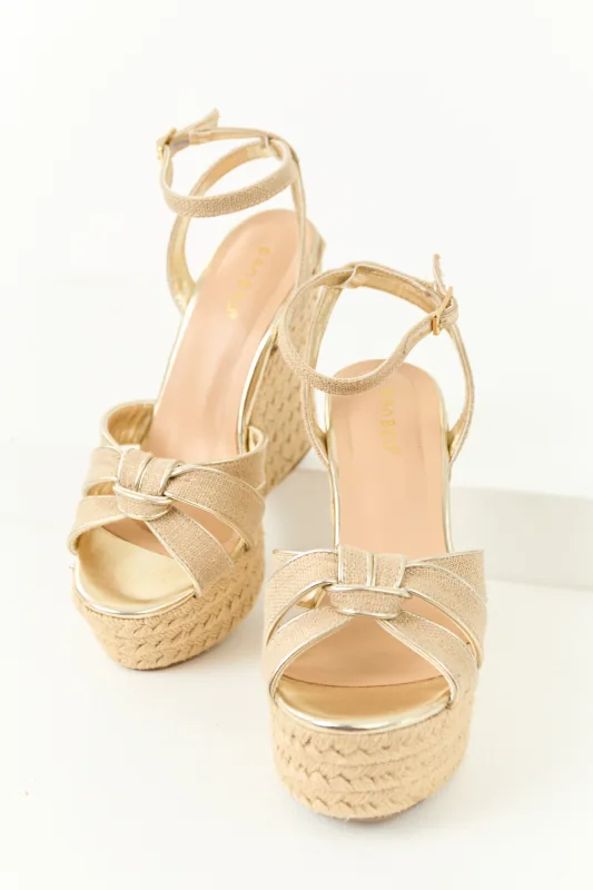 Beige And Gold Raffia Knot Strap Espadrille Wedges