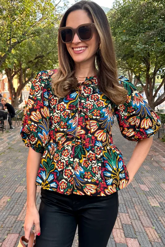 Chloe Black Tropical Print Bubble Sleeve