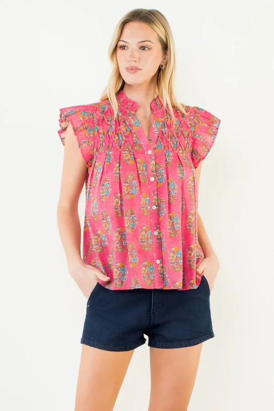 Coral Floral Pleated Flutter Sleeve Blouse