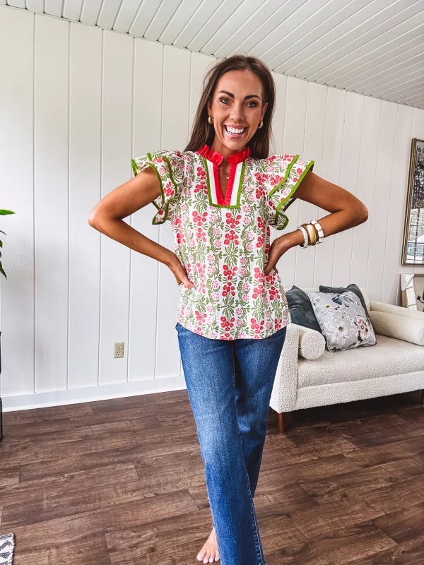 Coral + Lime Floral Flutter Sleeve Blouse