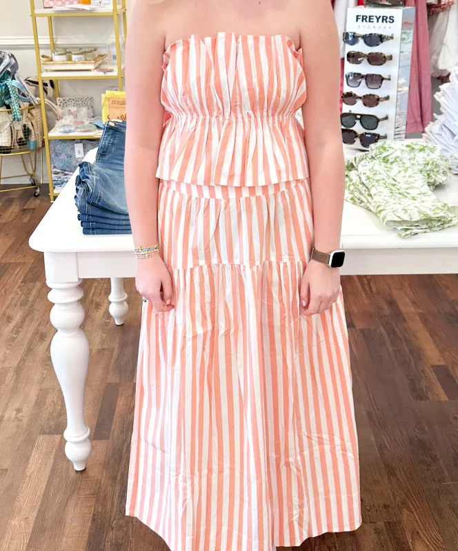 Coral Stripe Midi Skirt
