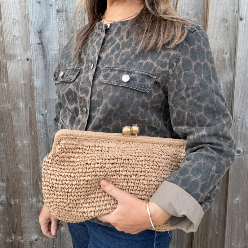 Natural Woven Raffia Clutch Crossbody Bag
