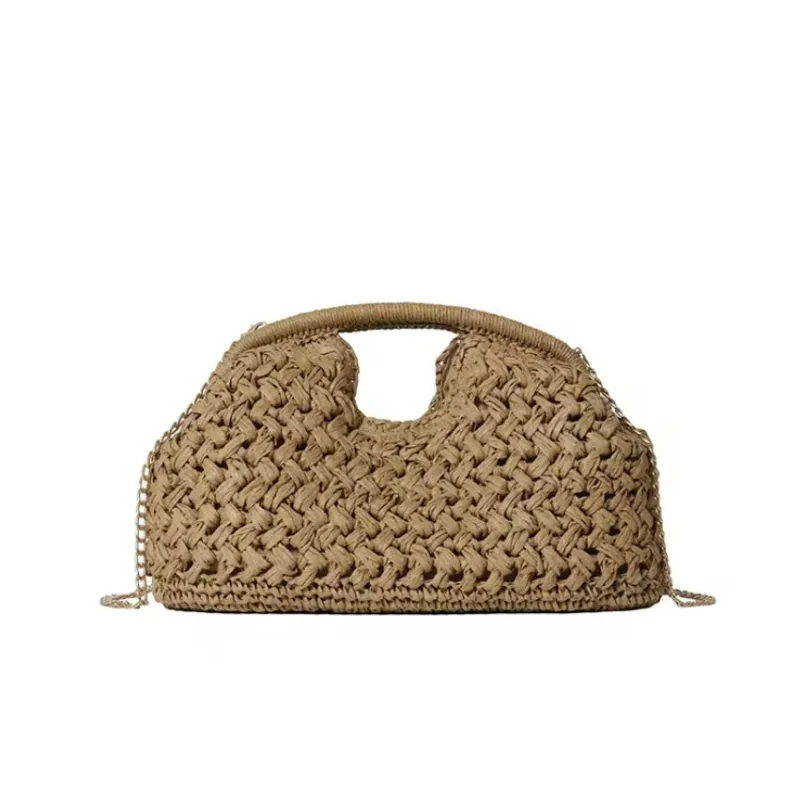 Natural Woven Raffia Structured Clutch Crossbody Bag
