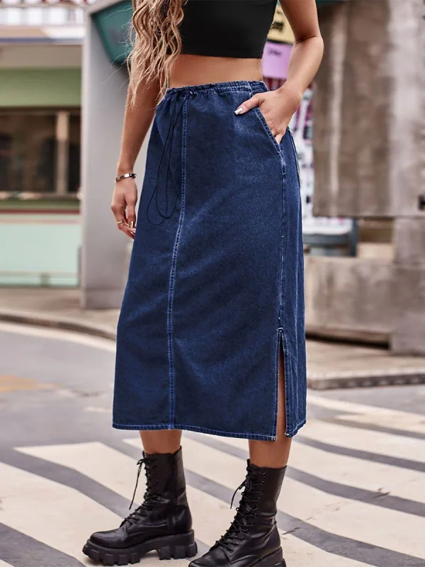 Semi-elastic Waist Denim Midi