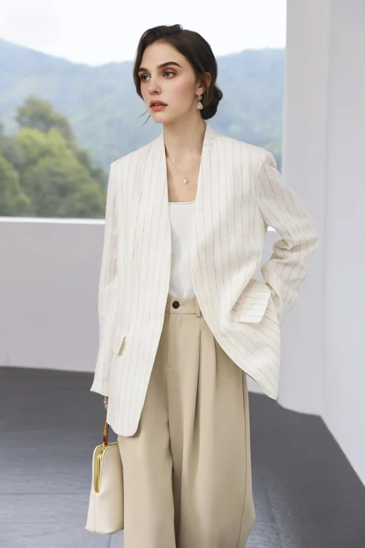 Striped Linen V-neck Collarless Blazer