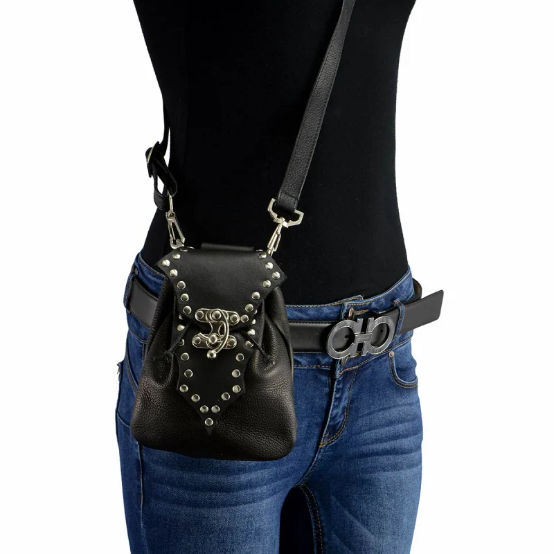 Studded' Black Leather Drop Bag by Milwaukeemotorcycleclothing
