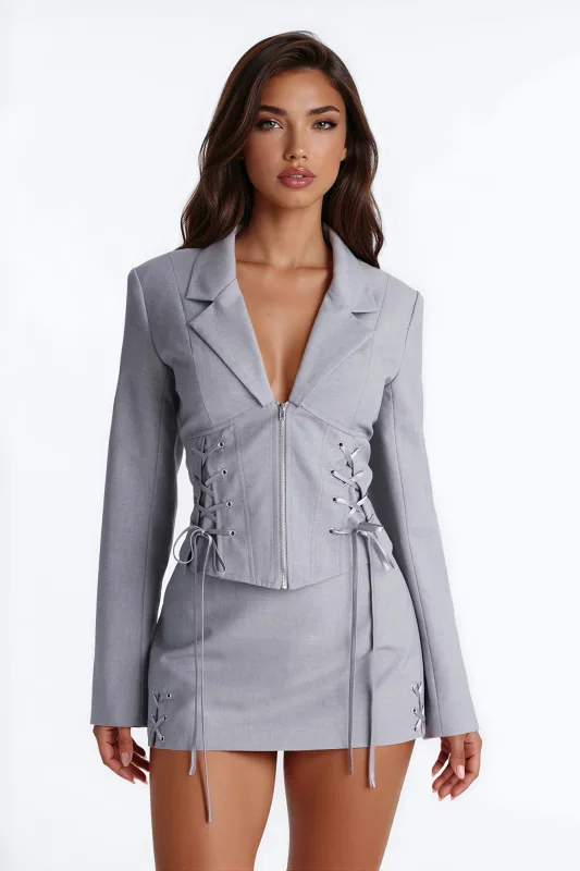 Unbothered Crepe Lace Up Corset Blazer Light Grey