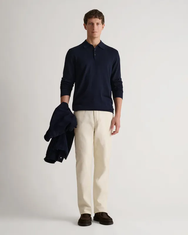 Silk-cotton Fine Knit Long Sleeve Polo Indigo