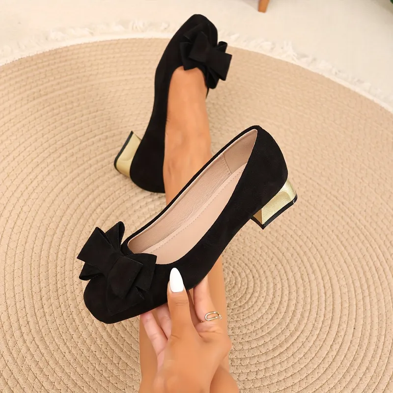 Silvie Elegant Bow Low Block Heel Pumps