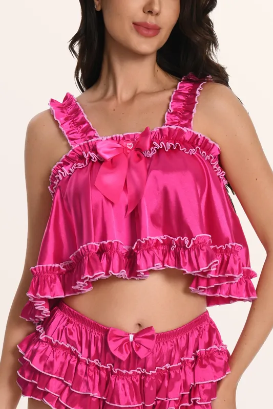 Sissy Satin Ruffled Edge Cami Top Hot Pink