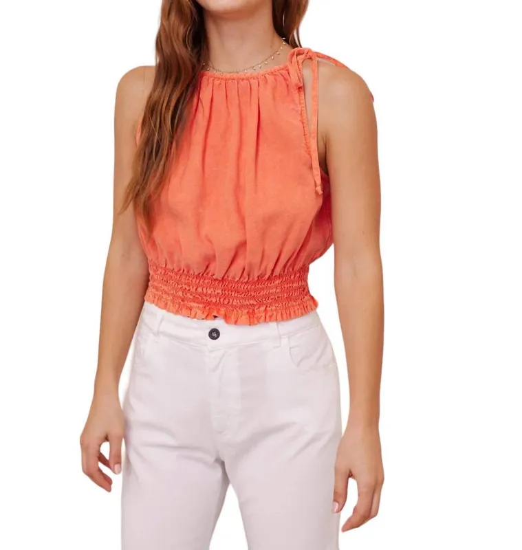 Smocked Waist Tie Neck Cami Top In Mandarin Orange