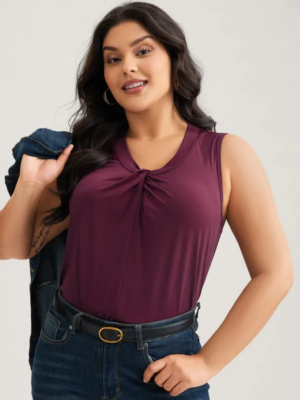 Solid Asymmetrical Neck Twist Front Tank Top