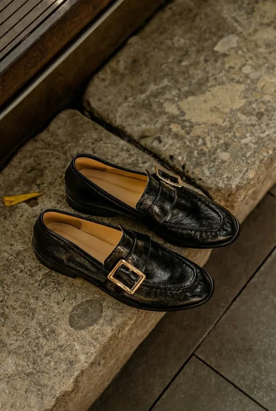 Square-buckle Leather Loafers