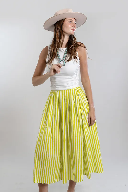 Striped Midi Skirt With Elastic Waist Lime