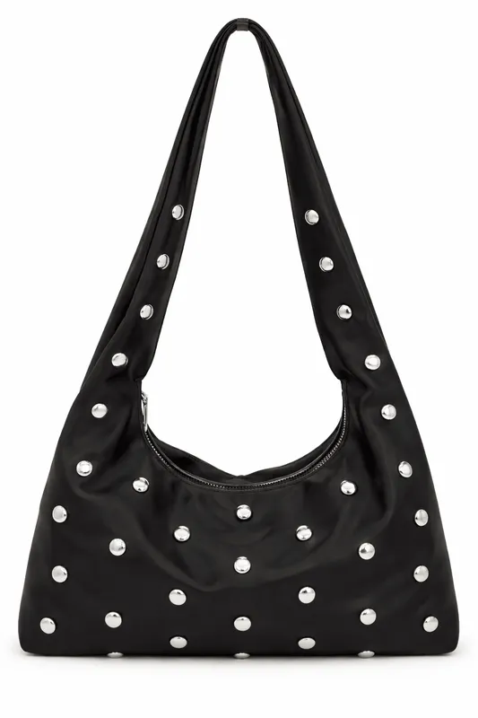 Studded Leather Look Shoulder Bag In Black