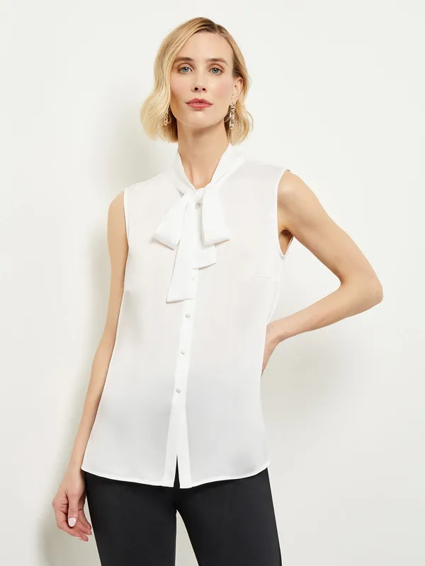 Tie-neck Crepe De Chine Blouse, White True Fit