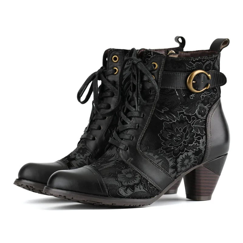 Timeless Grace Floral Lace-up Ankle Boots