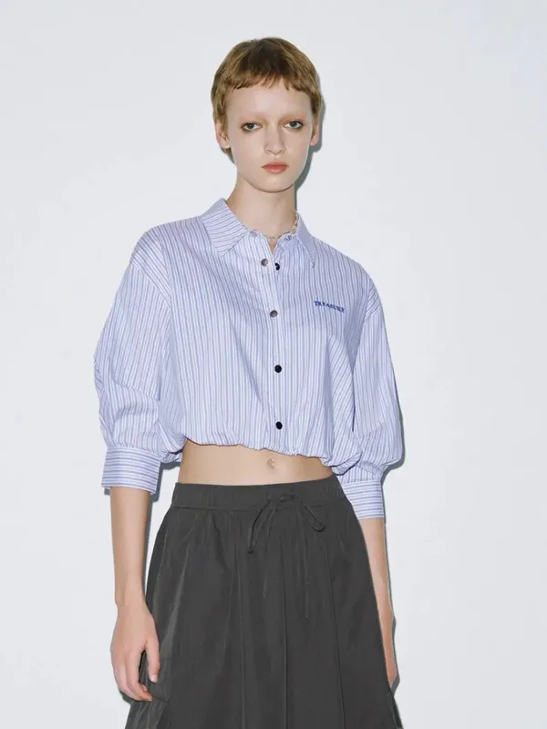 Top Light Blue Cotton Striped Cropped Oversized Shirt