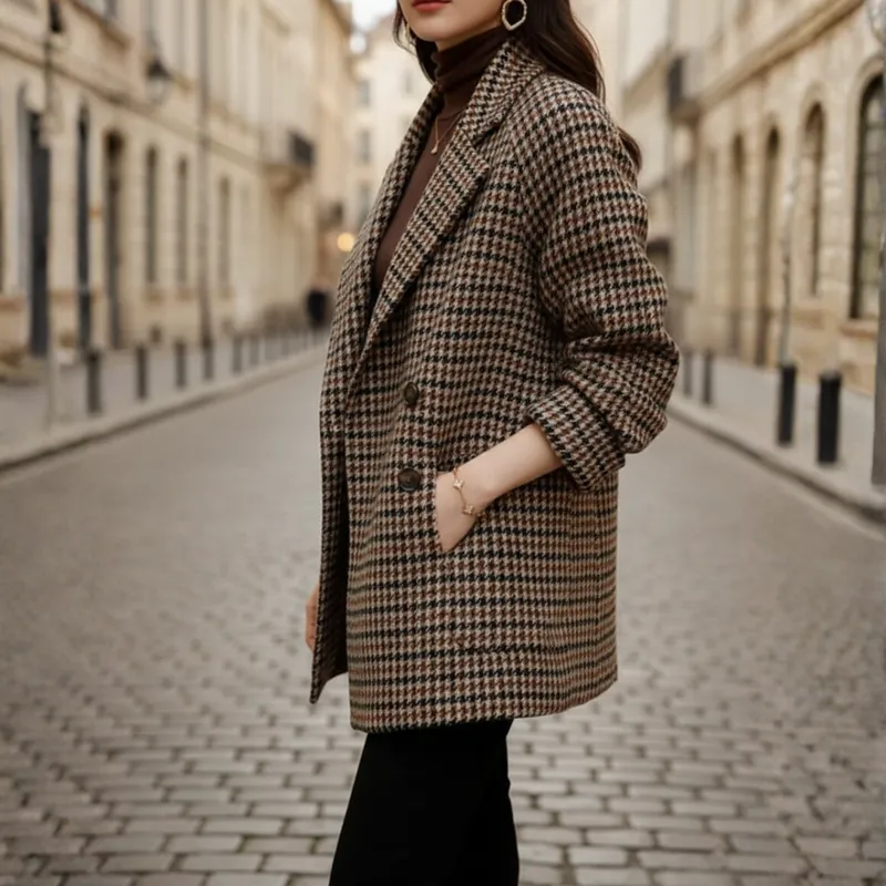 Tweed Wool Oversize Blazer With Brown