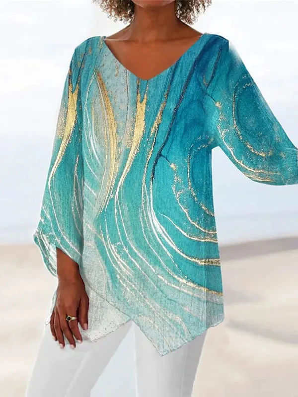 V Neck Marble Print Irregular Hem