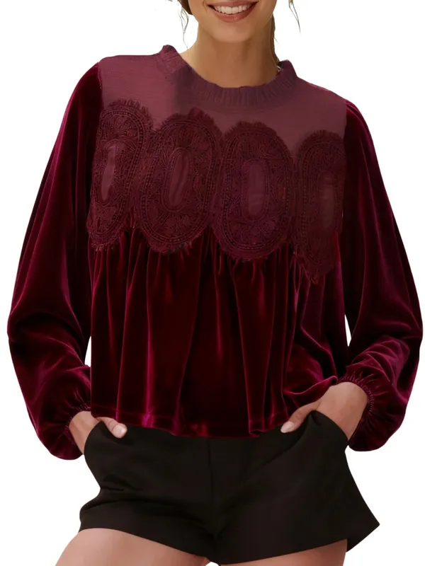 Velvet Trim Lace Blouse