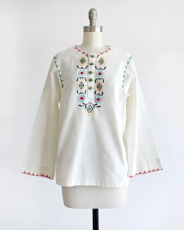 Vintage 1970s Embroidered Blouse Medium Large Large