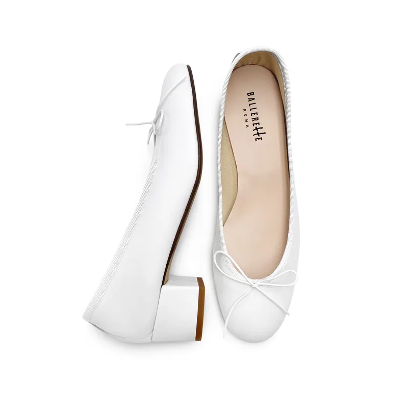 White Leather Ballet Flats With Heel
