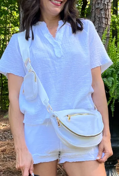 White Nylon Half Round Crossbody Bag