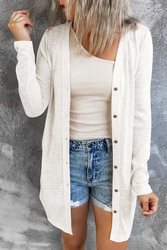 White Solid Color Open-front Buttons Cardigan