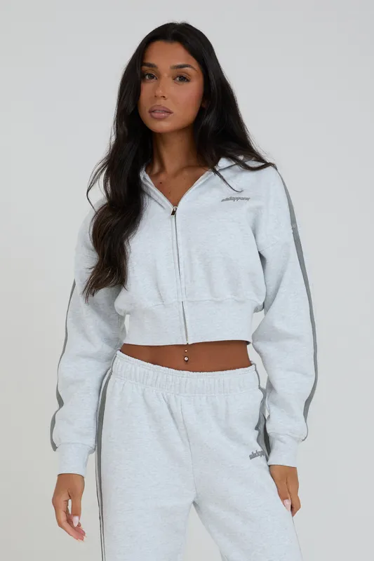 Zip Through Cropped Hoodie - Light Grey